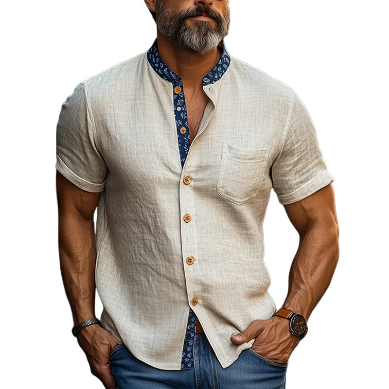 Men's Summer Fashion Casual Tough Guy Style Cotton And Linen Stand Collar Printed Slim Fit Short Sleeve Shirt MTA3012E7K sold by Manly