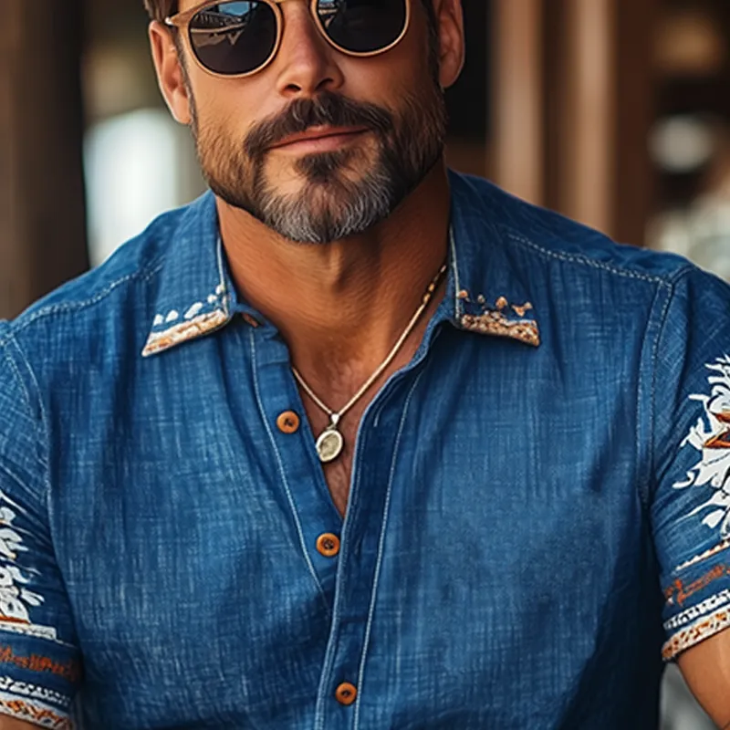 Men's Summer Classic Casual Tough Style Cotton And Linen Printed Short-sleeved Shirt MTA3045E4K sold by Manly product image thumbnail 4