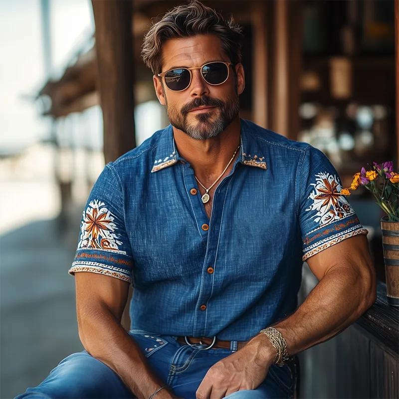 Men's Summer Classic Casual Tough Style Cotton And Linen Printed Short-sleeved Shirt MTA3045E4K sold by Manly product image thumbnail 3