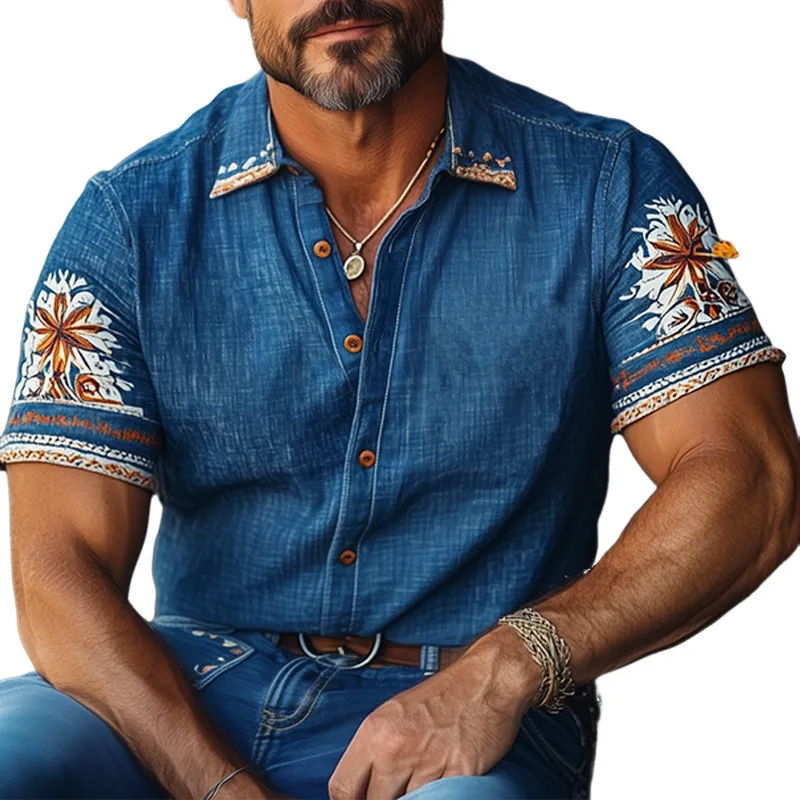Men's Summer Classic Casual Tough Style Cotton And Linen Printed Short-sleeved Shirt MTA3045E4K sold by Manly