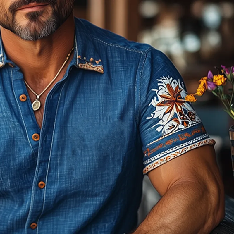 Men's Summer Classic Casual Tough Style Cotton And Linen Printed Short-sleeved Shirt MTA3045E4K sold by Manly product image thumbnail 5