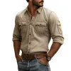 Men's Vintage Distressed Washed Cotton Lapel Multi-pocket Slim Fit Long Sleeve Work Shirt MTA3026E6M sold by Manly