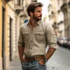 Men's Vintage Distressed Washed Cotton Lapel Multi-pocket Slim Fit Long Sleeve Work Shirt MTA3026E6M sold by Manly