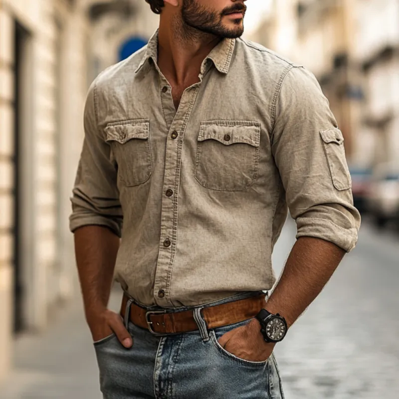 Men's Vintage Distressed Washed Cotton Lapel Multi-pocket Slim Fit Long Sleeve Work Shirt MTA3026E6M sold by Manly product image thumbnail 2