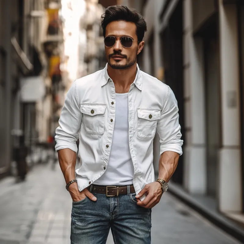 Men's Vintage Distressed Washed Cotton Lapel Chest Pocket Slim Fit Long Sleeve Shirt MTA3064E3M sold by Manly product image thumbnail 3