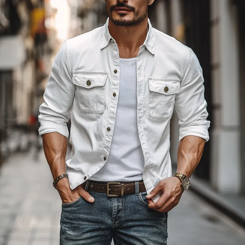 Men's Vintage Distressed Washed Cotton Lapel Chest Pocket Slim Fit Long Sleeve Shirt MTA3064E3M sold by Manly product image thumbnail 2