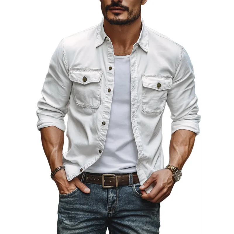 Men's Vintage Distressed Washed Cotton Lapel Chest Pocket Slim Fit Long Sleeve Shirt MTA3064E3M sold by Manly