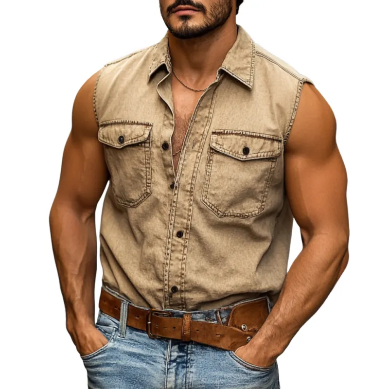 Men's Vintage Distressed Washed Cotton Lapel Chest Pocket Slim Fit Sleeveless Shirt MTA3084E0M sold by Manly