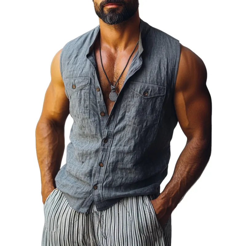 Men's Casual Solid Color Breathable Linen Lapel Chest Pocket Sleeveless Shirt MTA2948E4M sold by Manly