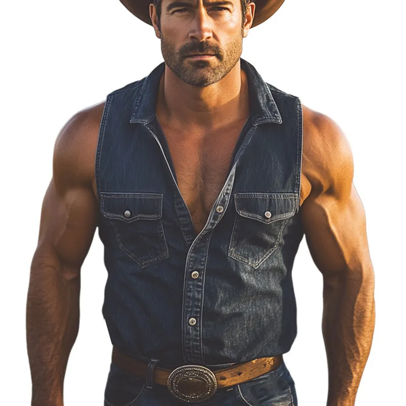 Men's Summer Western Cowboy Style Vintage Denim Sleeveless Shirt MTA2918E2U sold by Manly