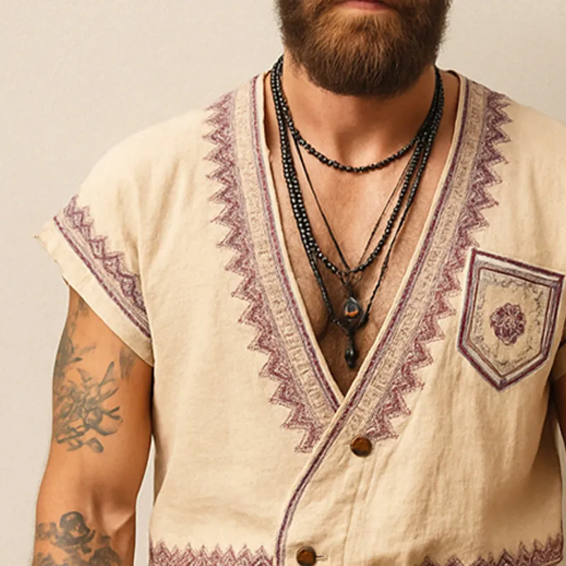 Men's Summer Exquisite Embroidered V-Neck T-Shirt Shorts Set MTA2868E1U sold by Manly product image thumbnail 3