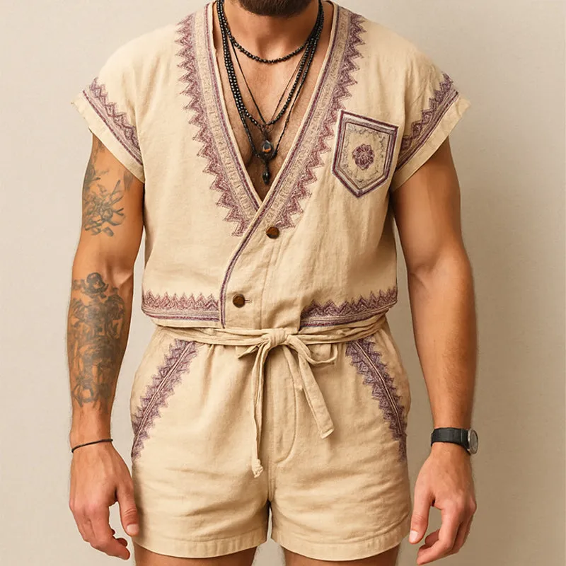 Men's Summer Exquisite Embroidered V-Neck T-Shirt Shorts Set MTA2868E1U sold by Manly product image thumbnail 2