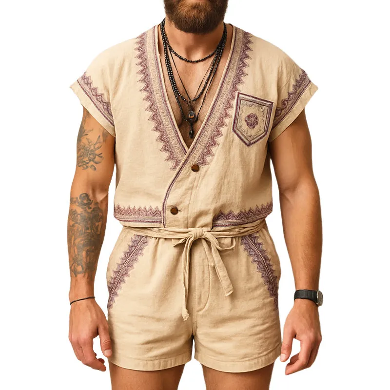 Men's Summer Exquisite Embroidered V-Neck T-Shirt Shorts Set MTA2868E1U sold by Manly