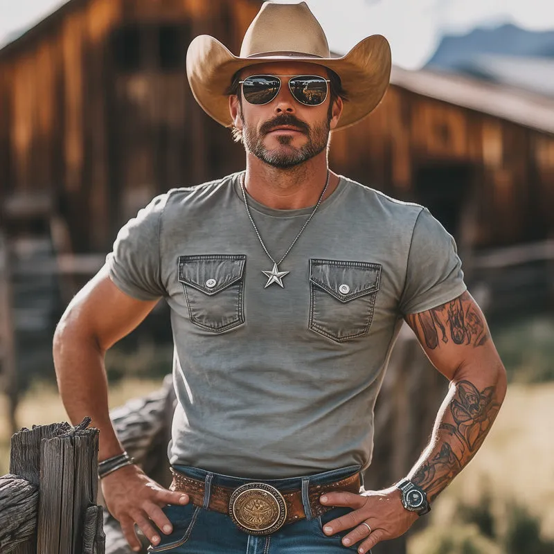 Men's Cotton Vintage Denim Pocket Stitching Round Neck T-Shirt MTA2951E4U sold by Manly product image thumbnail 3