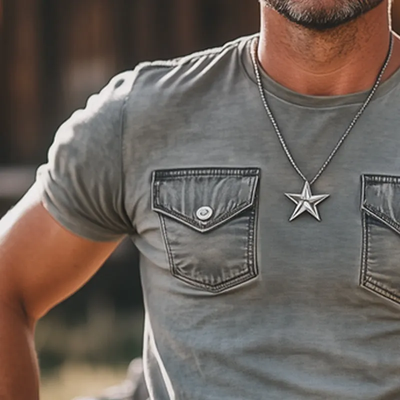 Men's Cotton Vintage Denim Pocket Stitching Round Neck T-Shirt MTA2951E4U sold by Manly product image thumbnail 4