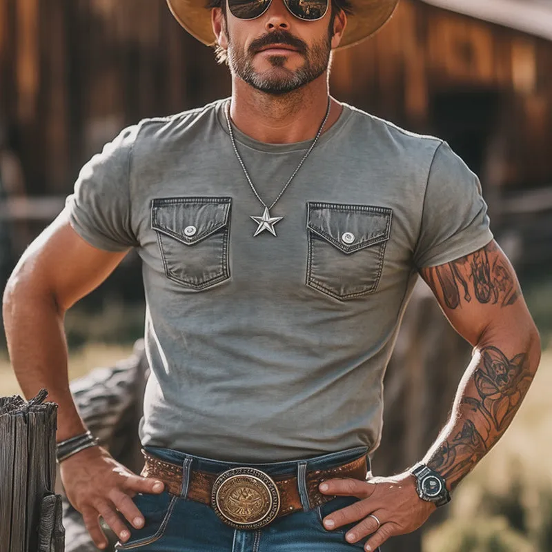 Men's Cotton Vintage Denim Pocket Stitching Round Neck T-Shirt MTA2951E4U sold by Manly product image thumbnail 2