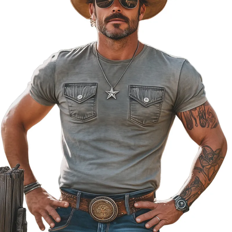 Men's Cotton Vintage Denim Pocket Stitching Round Neck T-Shirt MTA2951E4U sold by Manly