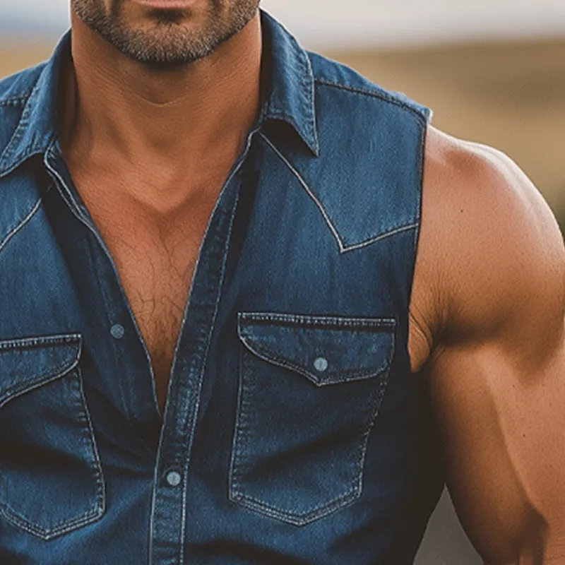 Men's Western Cowboy Style Vintage Denim Sleeveless Shirt MTA2976E8U sold by Manly product image thumbnail 4