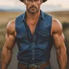 Men's Western Cowboy Style Vintage Denim Sleeveless Shirt MTA2976E8U sold by Manly