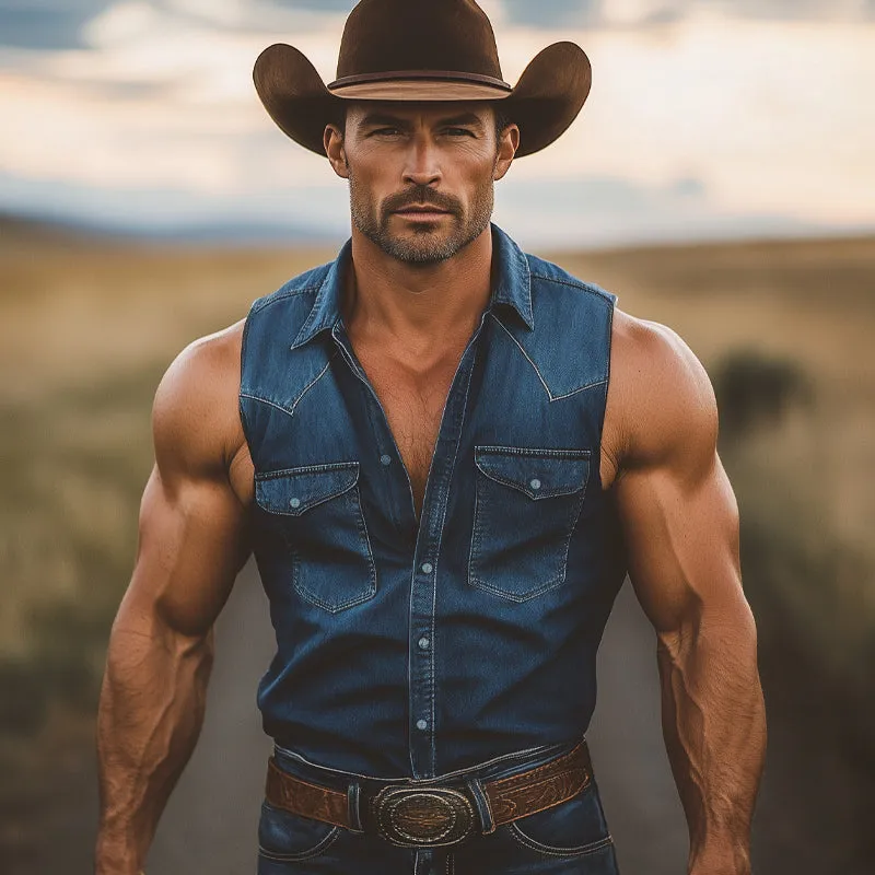 Men's Western Cowboy Style Vintage Denim Sleeveless Shirt MTA2976E8U sold by Manly product image thumbnail 3