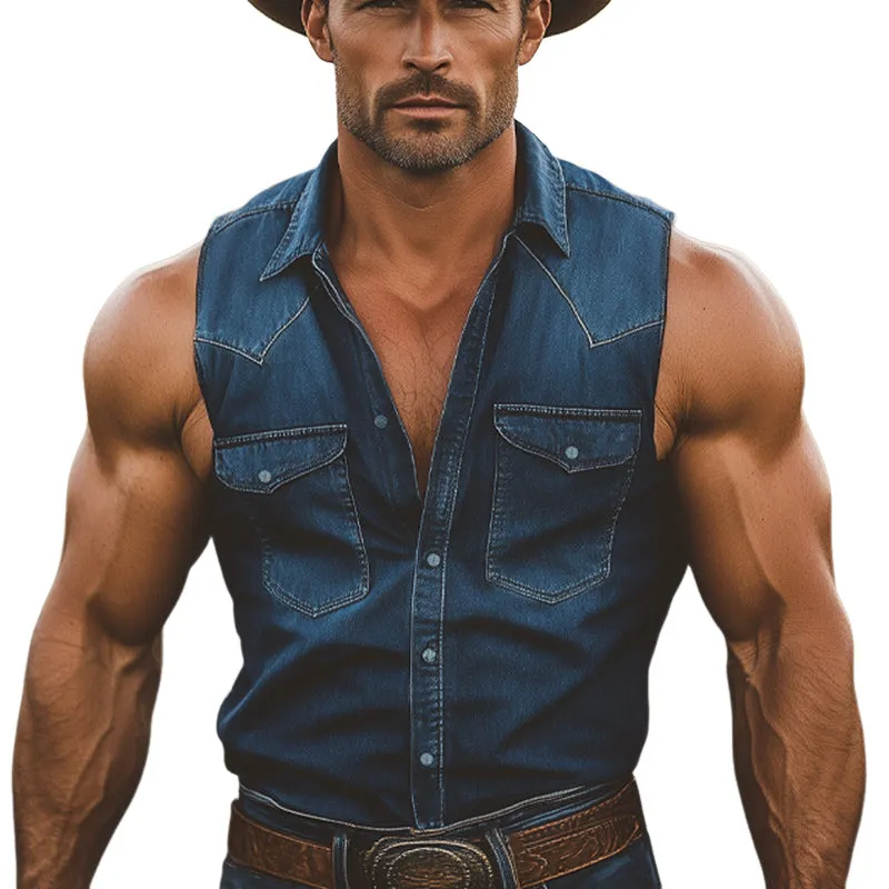 Men's Western Cowboy Style Vintage Denim Sleeveless Shirt MTA2976E8U sold by Manly