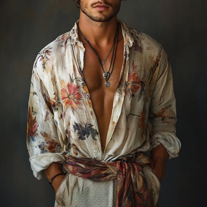 Men's Retro Elegant Floral Print Lapel Loose Long Sleeve Shirt MTA2900E0M sold by Manly product image thumbnail 2