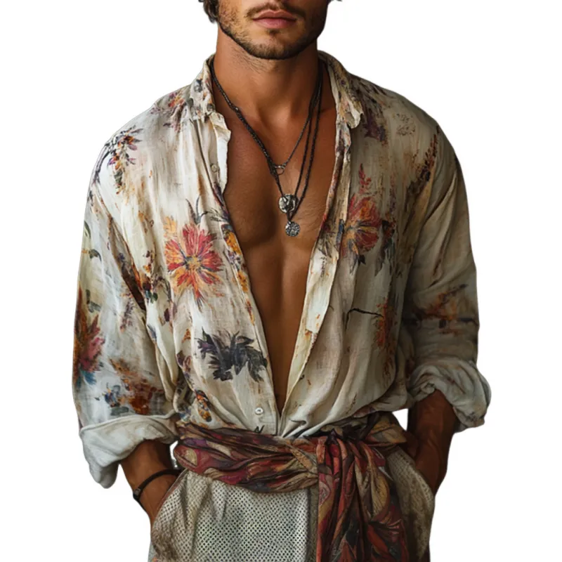 Men's Retro Elegant Floral Print Lapel Loose Long Sleeve Shirt MTA2900E0M sold by Manly