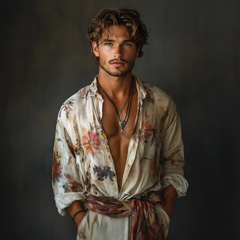 Men's Retro Elegant Floral Print Lapel Loose Long Sleeve Shirt MTA2900E0M sold by Manly product image thumbnail 3