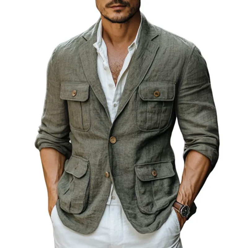 Men's Casual Breathable Linen Cuban Collar Multi-pocket Slim Fit Safari Jacket MTA2900E2M sold by Manly