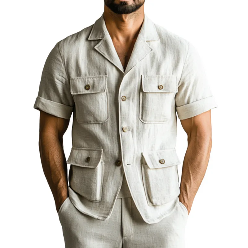 Men's Casual Breathable Linen Cuban Collar Multi-pocket Slim Fit Short Sleeve Safari Jacket MTA2920E8M sold by Manly