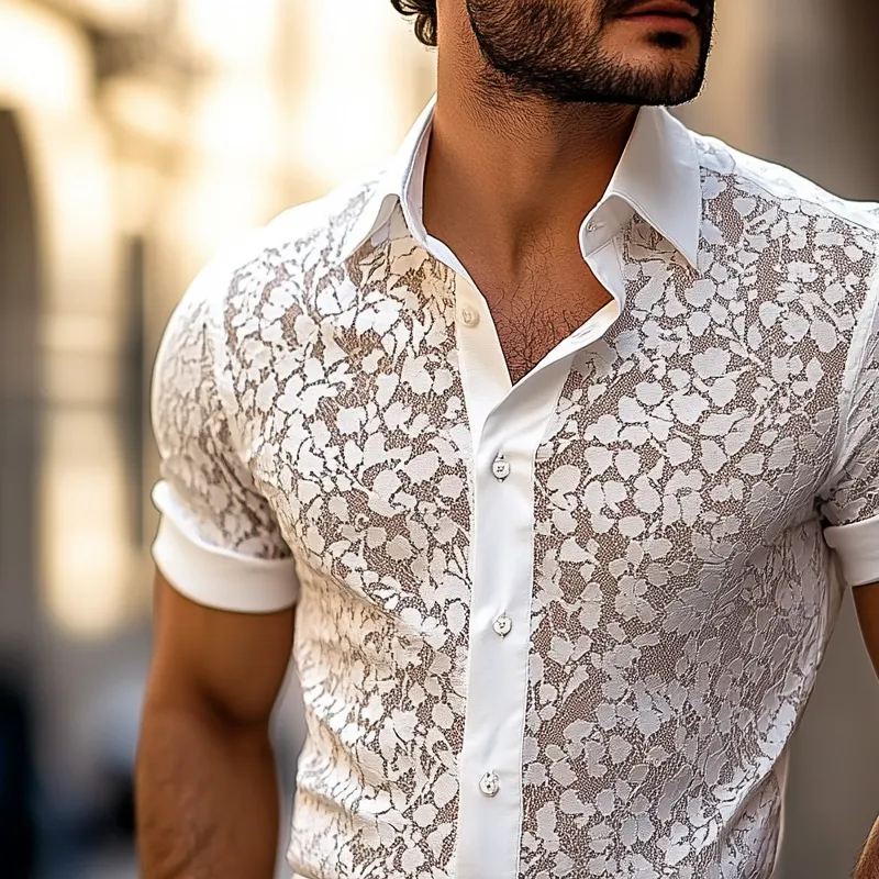 Men's Solid Lace Lapel Short Sleeve Shirt MTA3052E4Z sold by Manly product image thumbnail 3
