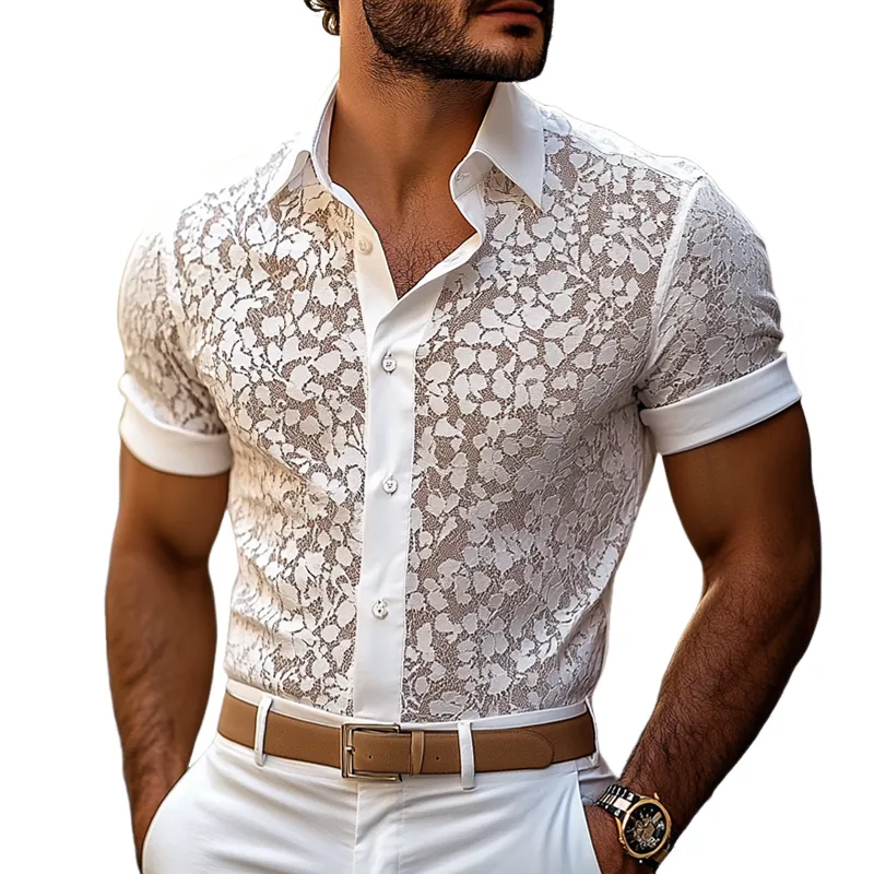 Men's Solid Lace Lapel Short Sleeve Shirt MTA3052E4Z sold by Manly