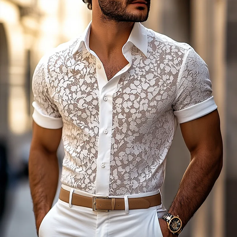 Men's Solid Lace Lapel Short Sleeve Shirt MTA3052E4Z sold by Manly product image thumbnail 2