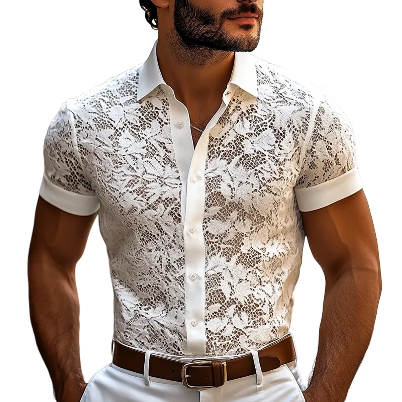 Men's Solid Lace Lapel Short Sleeve Shirt MTA3048E5Z sold by Manly