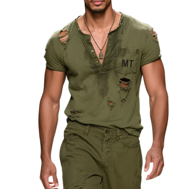 Men's Vintage Casual Cotton Distressed Hole Henley Collar Short Sleeve T-Shirt MTA2981E4TO sold by Manly