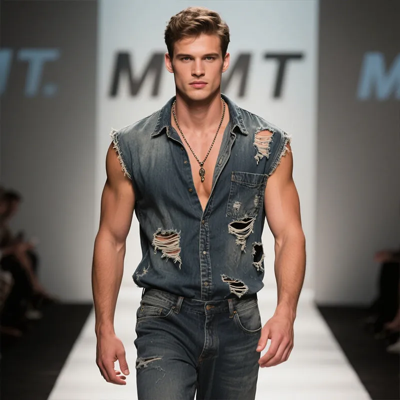 Men's Retro Casual Denim Distressed Lapel Sleeveless Shirt MTA2938E2TO sold by Manly product image thumbnail 3