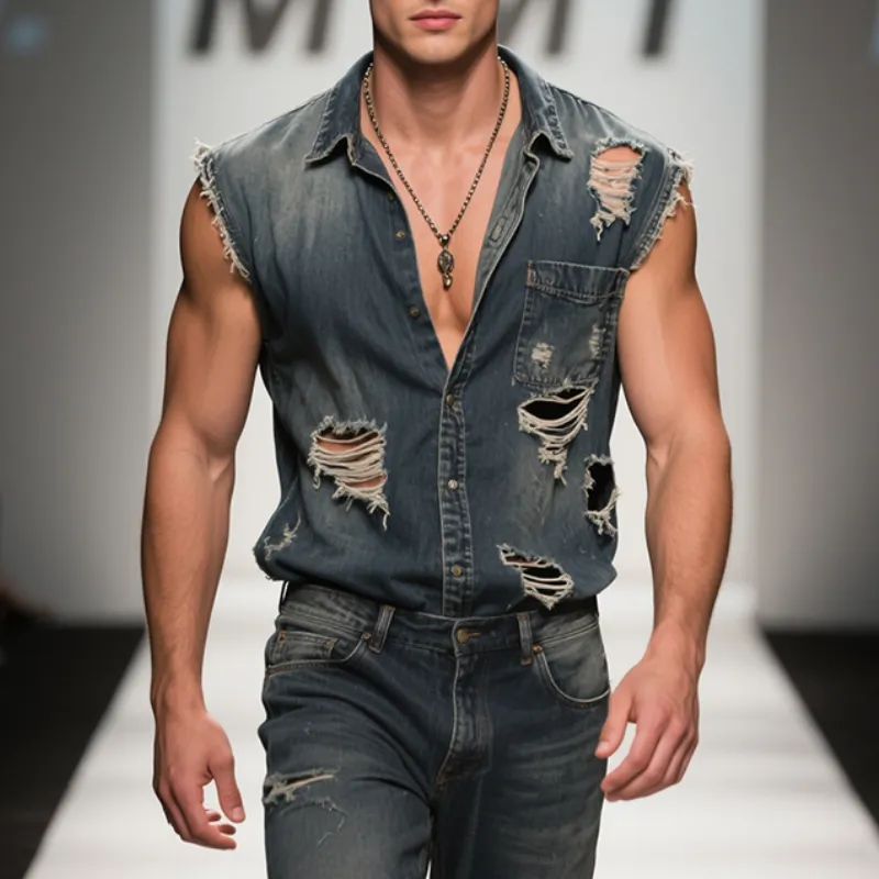 Men's Retro Casual Denim Distressed Lapel Sleeveless Shirt MTA2938E2TO sold by Manly product image thumbnail 2