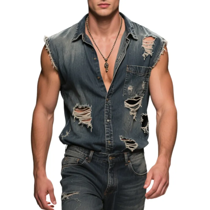 Men's Retro Casual Denim Distressed Lapel Sleeveless Shirt MTA2938E2TO sold by Manly