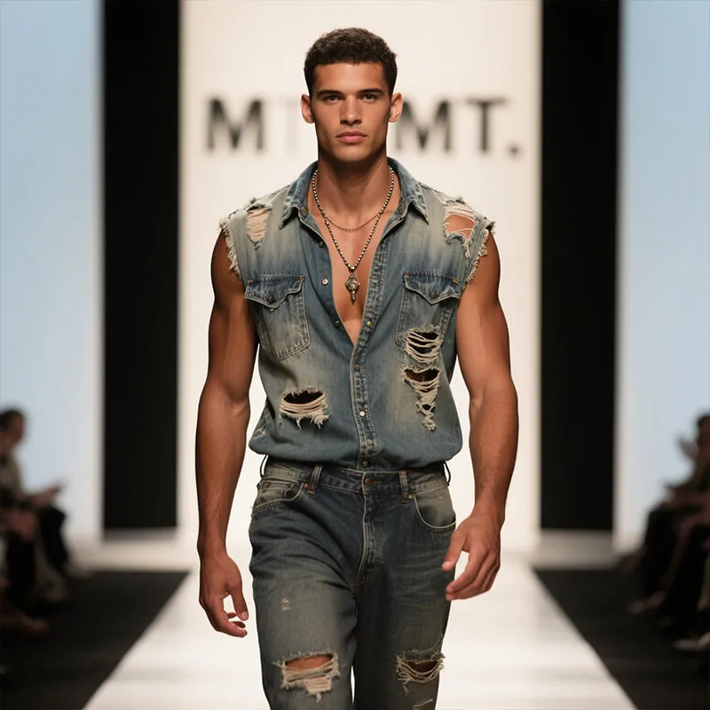 Men's Retro Casual Denim Distressed Lapel Sleeveless Shirt MTA2944E1TO sold by Manly product image thumbnail 3