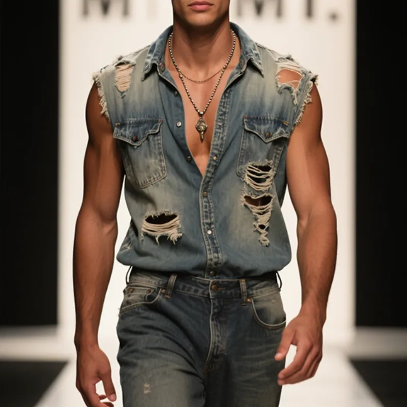 Men's Retro Casual Denim Distressed Lapel Sleeveless Shirt MTA2944E1TO sold by Manly product image thumbnail 2