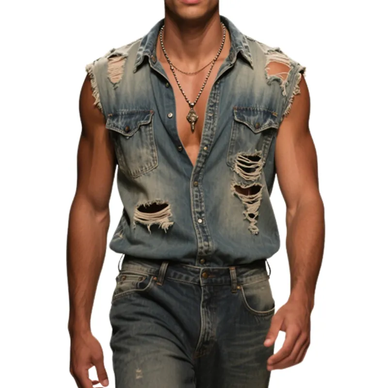 Men's Retro Casual Denim Distressed Lapel Sleeveless Shirt MTA2944E1TO sold by Manly