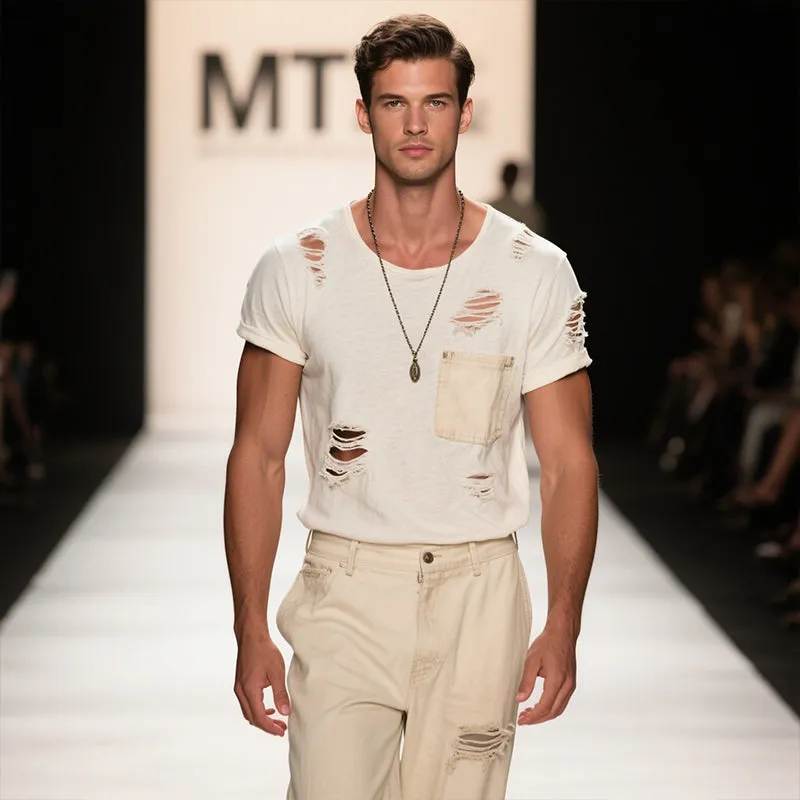 Men's Retro Casual Cotton Distressed Round Neck Short Sleeve T-Shirt MTA2945E6TO sold by Manly product image thumbnail 3