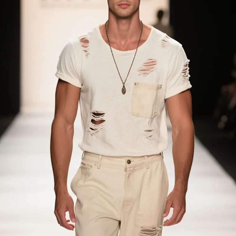 Men's Retro Casual Cotton Distressed Round Neck Short Sleeve T-Shirt MTA2945E6TO sold by Manly product image thumbnail 2