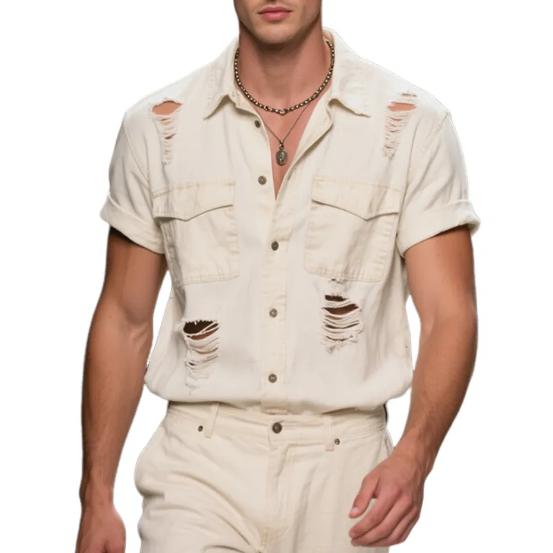 Men's Vintage Casual Cotton Distressed Lapel Short Sleeve Shirt MTA2925E9TO sold by Manly