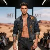 Men's Retro Casual Washed Denim Flame Print Lapel Single Breasted Jacket  MTA2921E0TO sold by Manly