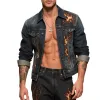 Men's Retro Casual Washed Denim Flame Print Lapel Single Breasted Jacket  MTA2921E0TO sold by Manly