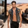 Men's Retro Casual Washed Denim Flame Print Lapel Single Breasted Vest MTA2985E1TO sold by Manly