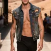 Men's Retro Casual Washed Denim Flame Print Lapel Single Breasted Vest MTA2985E1TO sold by Manly