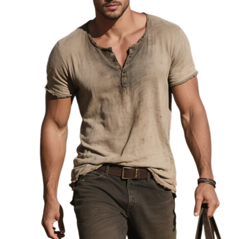 Men's Vintage Casual Cotton Washed Distressed Henry Collar Short Sleeve T-Shirt MTA3018E6TO sold by Manly