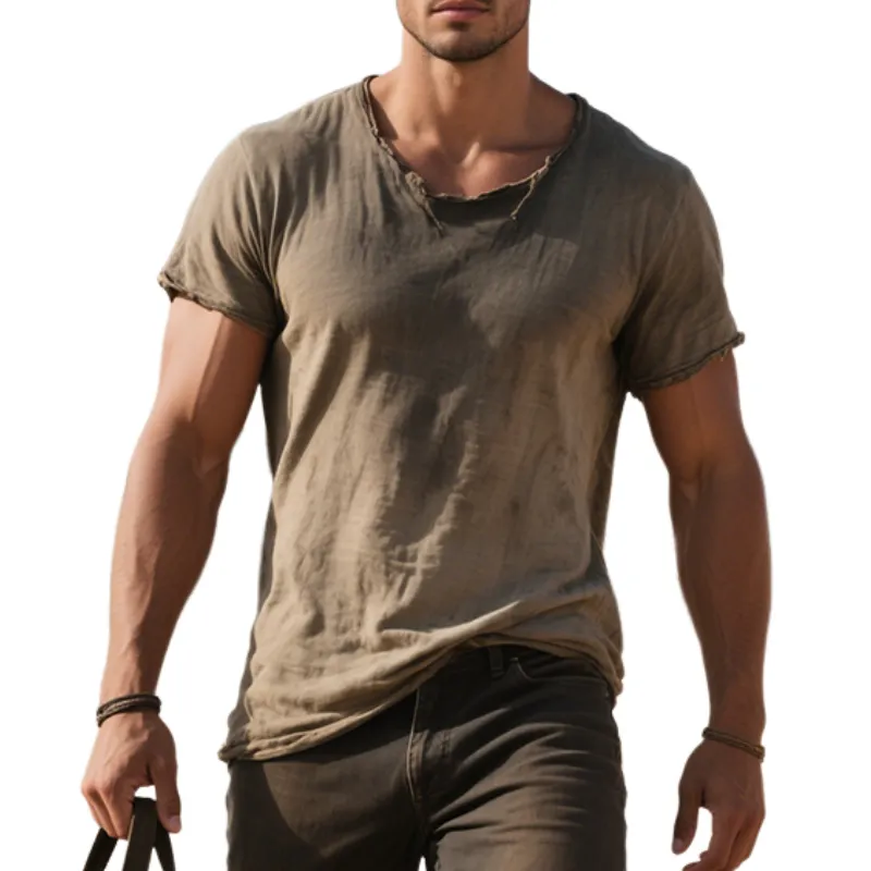 Men's Retro Casual Cotton Washed Distressed Round Neck Short Sleeve T-Shirt MTA3070E2TO sold by Manly